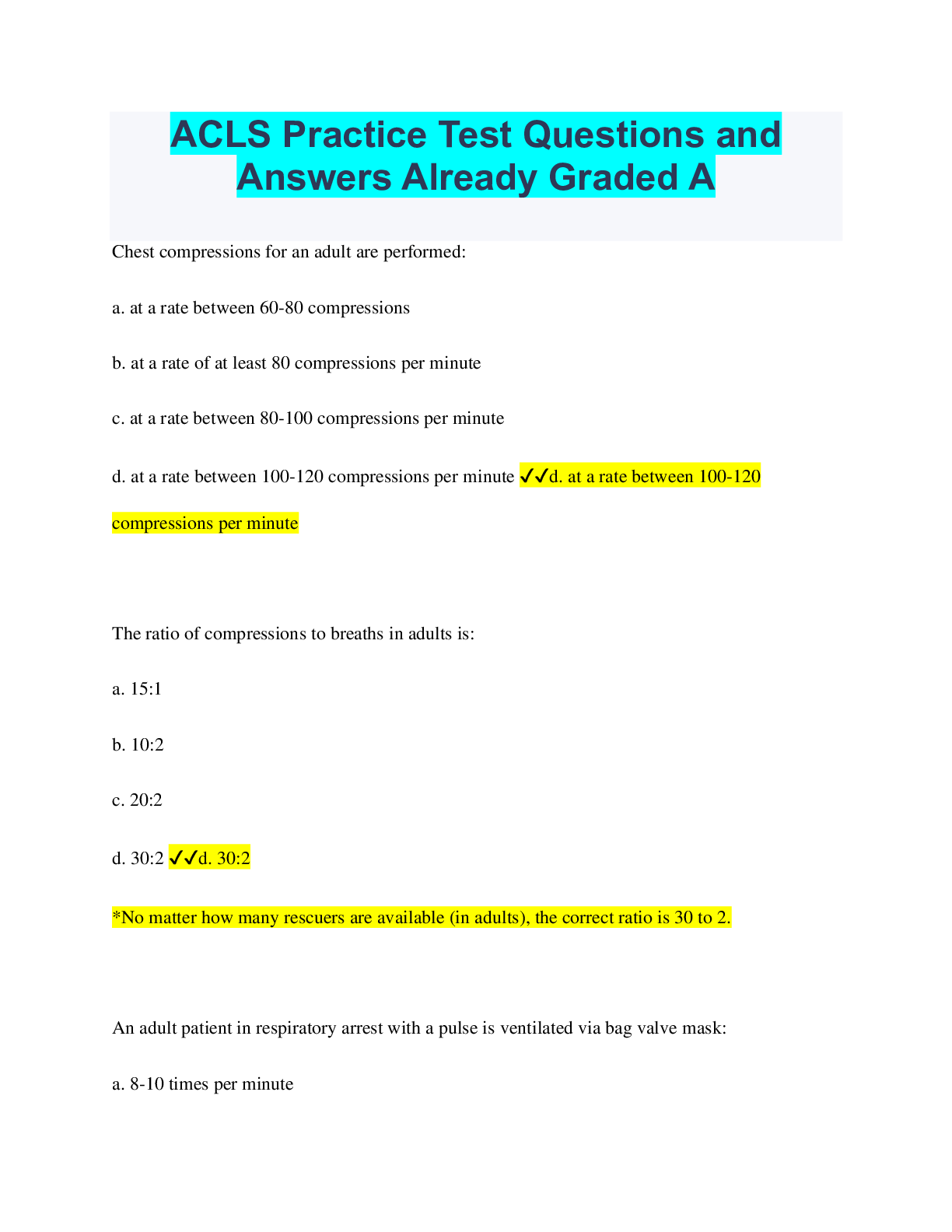 Preview of ACLS Practice Test Questions and Answers Already Graded A