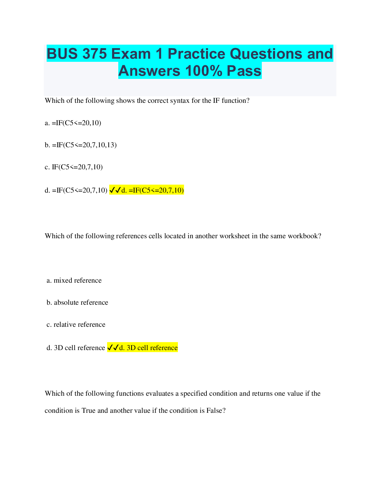 Preview of BUS 375 Exam 1 Practice Questions and Answers 100% Pass