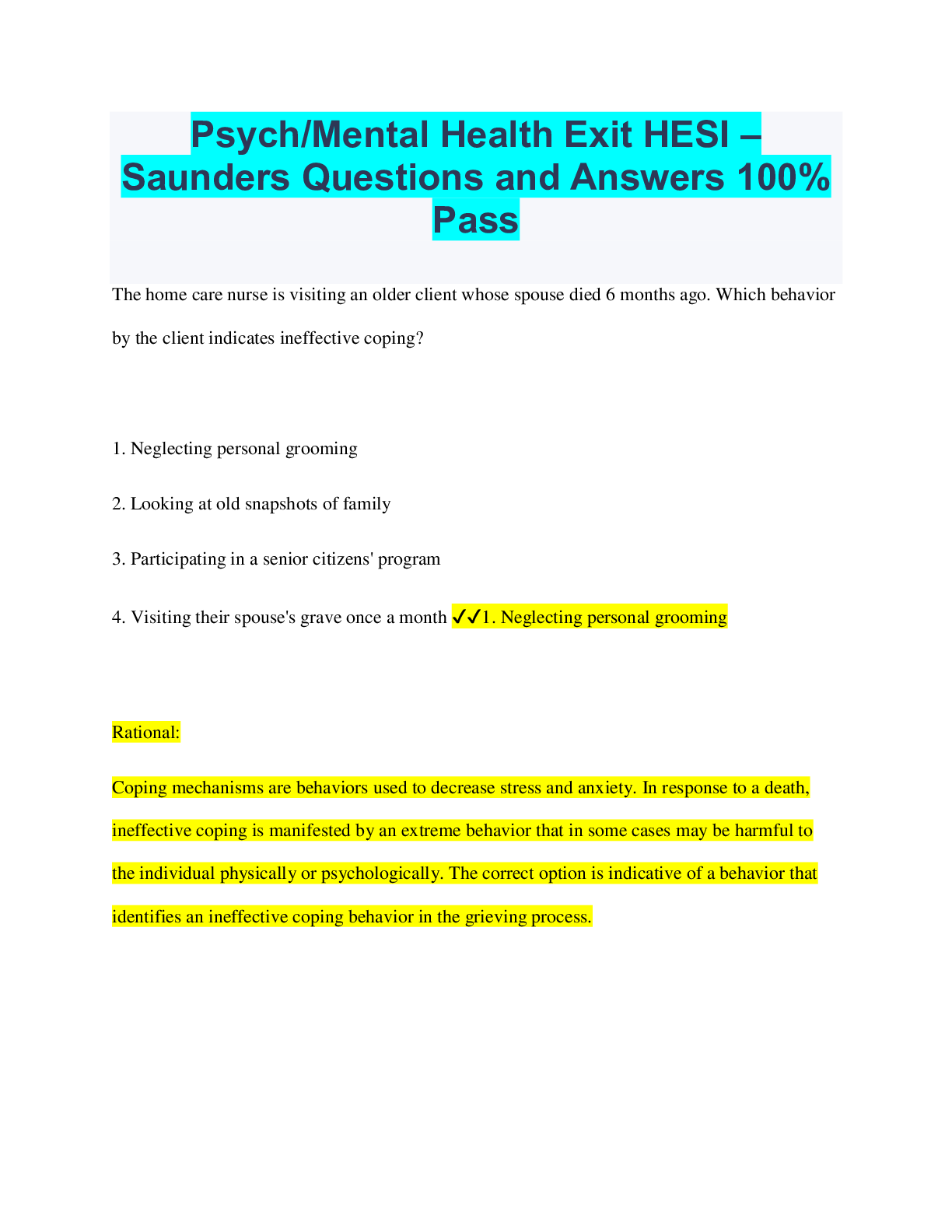 Preview of Psych/Mental Health Exit HESI – Saunders Questions and Answers 100% Pass