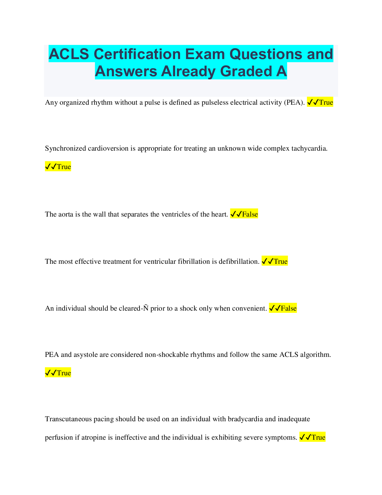 Preview of ACLS Certification Exam Questions and Answers Already Graded A
