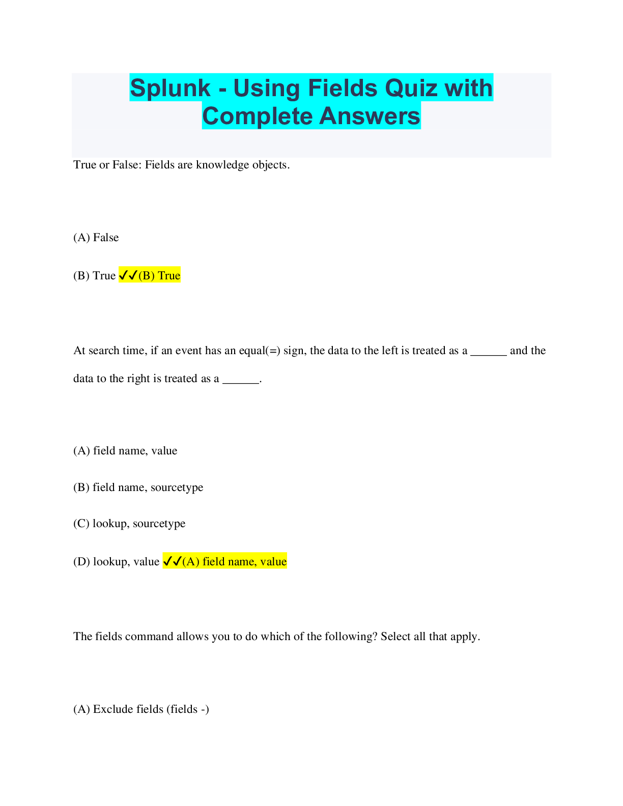 Preview image of Splunk - Using Fields Quiz with Complete Answers document