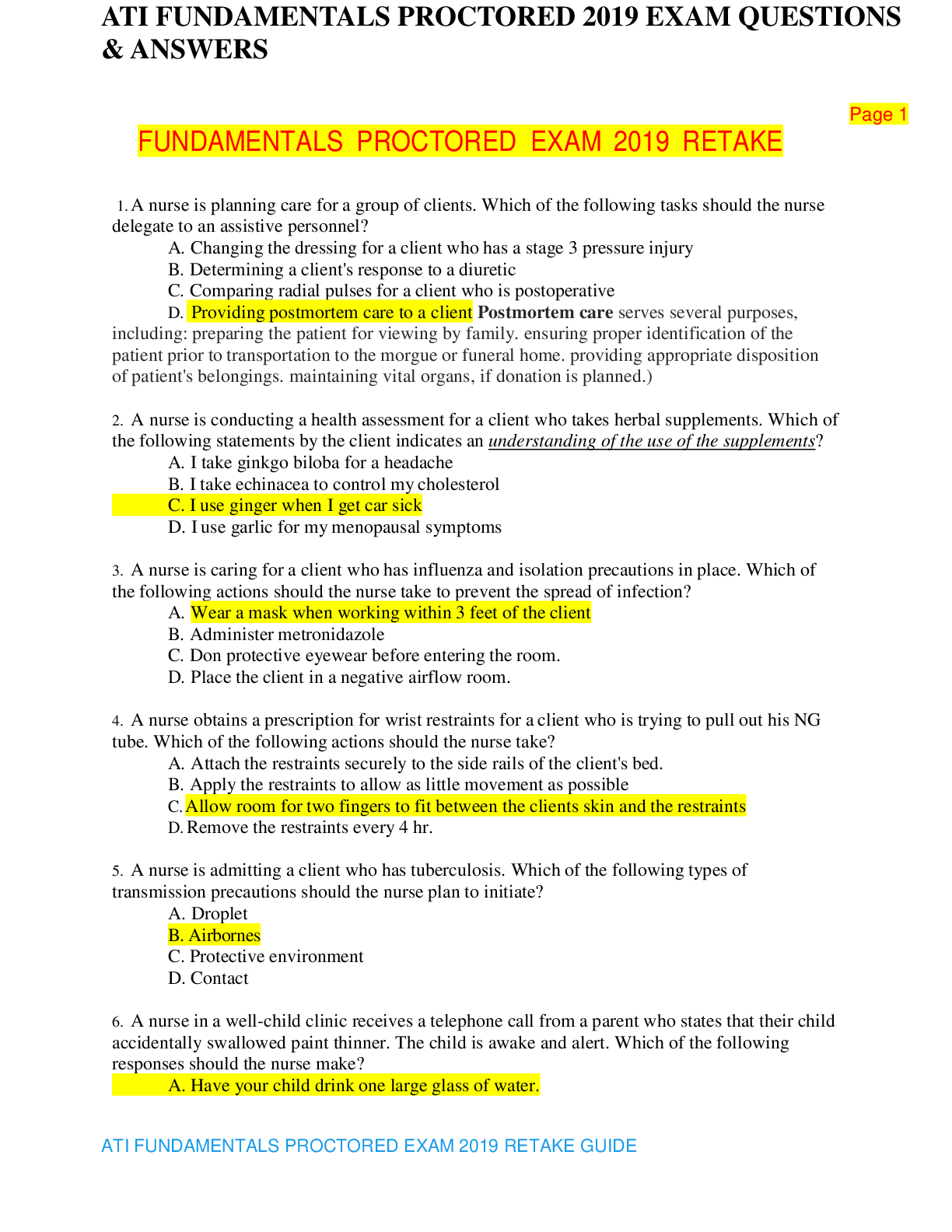 Preview image for ATI FUNDAMENTALS PROCTORED 2019 EXAM QUESTIONS & ANSWERS