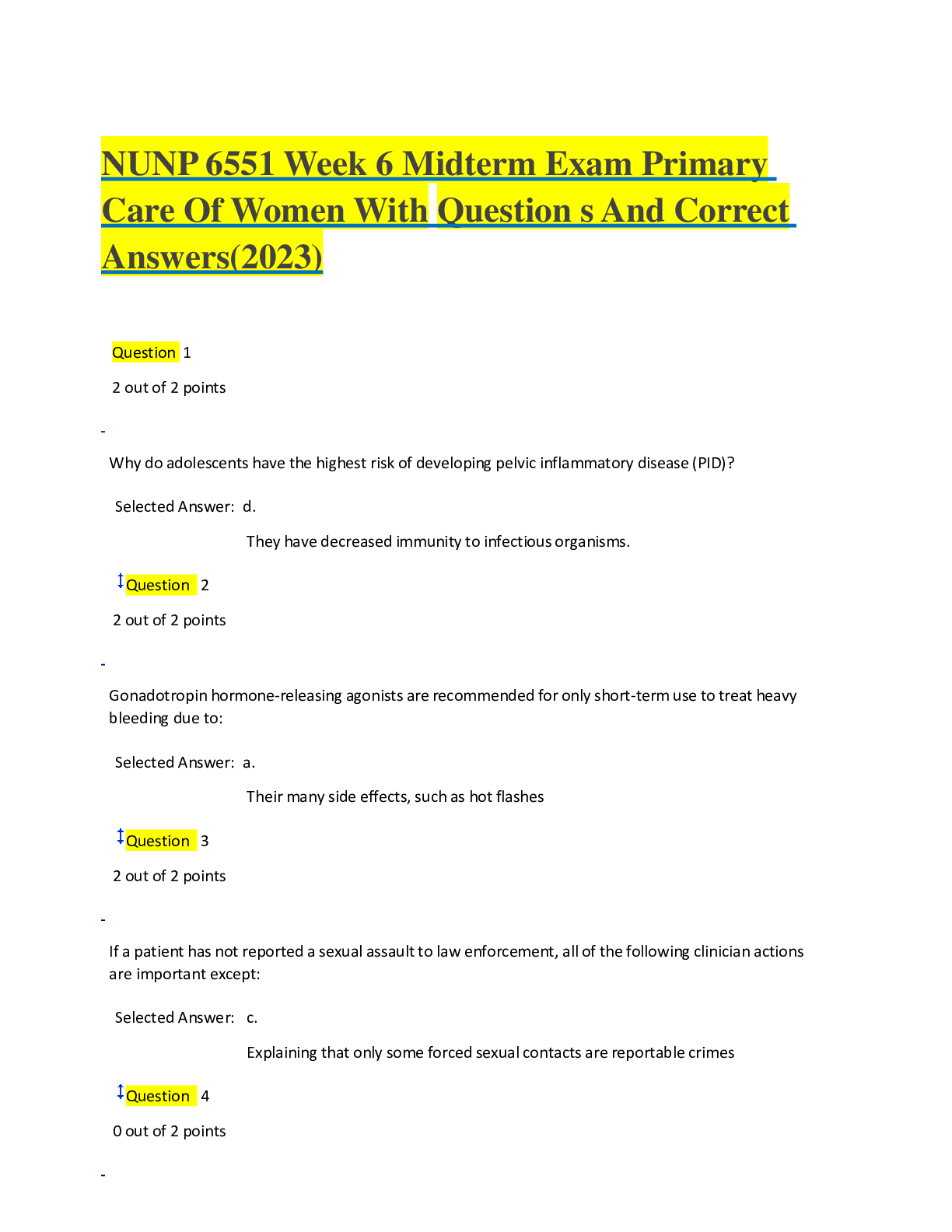 Preview of NUNP 6551 Week 6 Midterm Exam Primary Care Of Women With Question s And Correct Answers(20