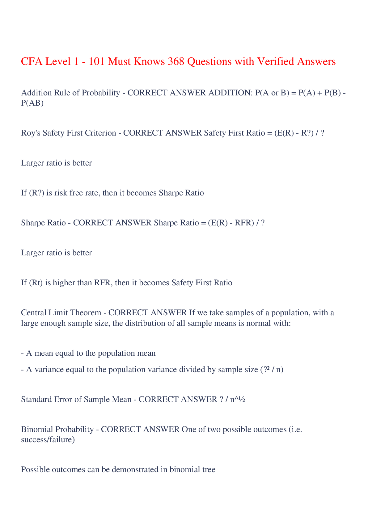 Preview of CFA Level 1 - 101 Must Knows 368 Questions with Verified Answers,100% CORRECT