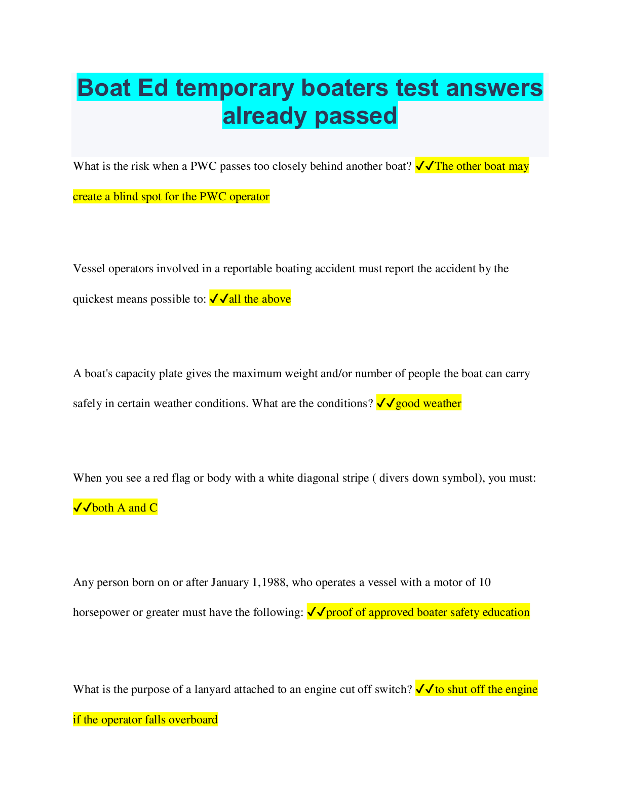 Preview image of Boat Ed temporary boaters test answers already passed document