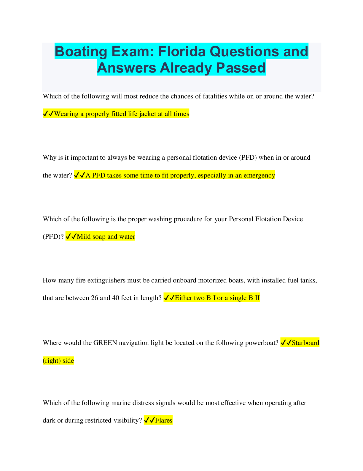 Preview image of Boating Exam: Florida Questions and Answers Already Passed document