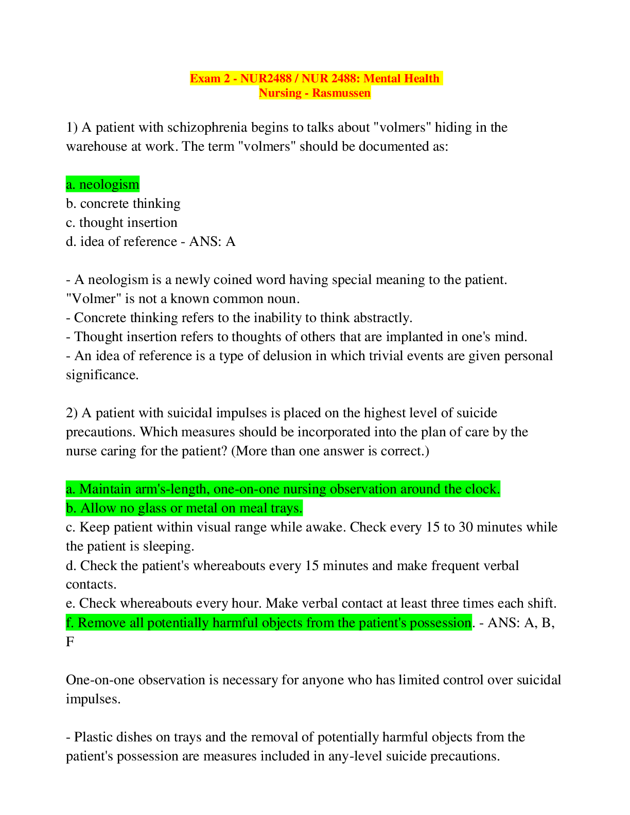 Preview image for Exam 2 - NUR2488 / NUR 2488: Mental Health Nursing - Rasmussen