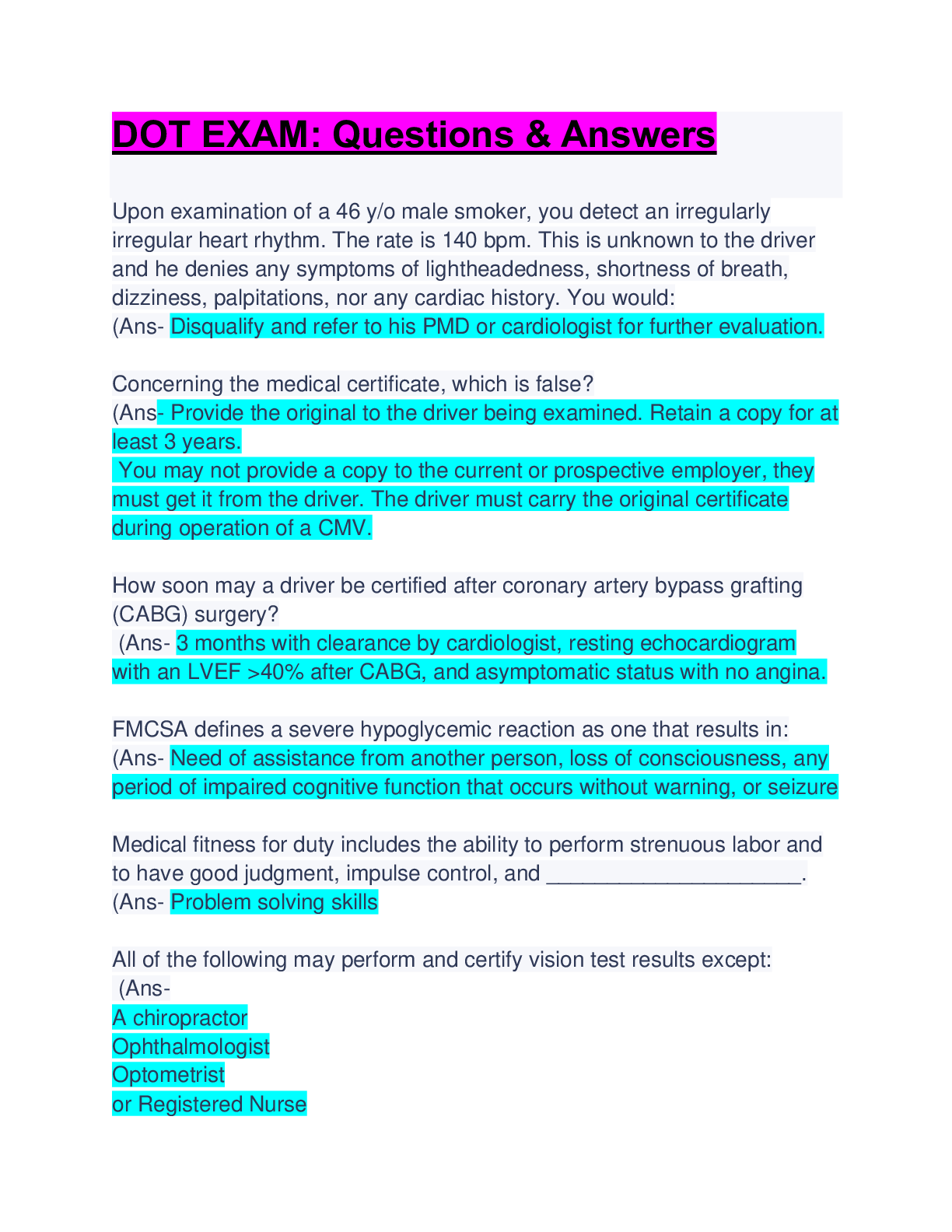 Preview image of DOT EXAM: Questions & Answers: Updated A+ Score Solution document