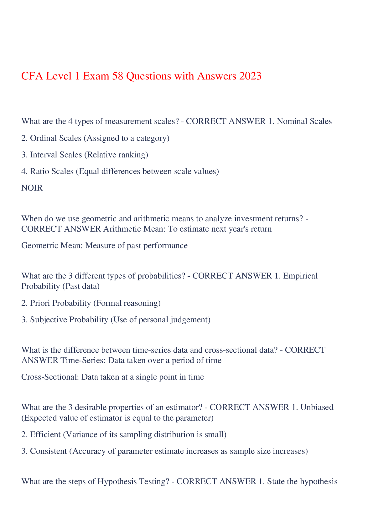 Preview image for CFA Level 1 Exam 58 Questions with Answers 2023,100% CORRECT