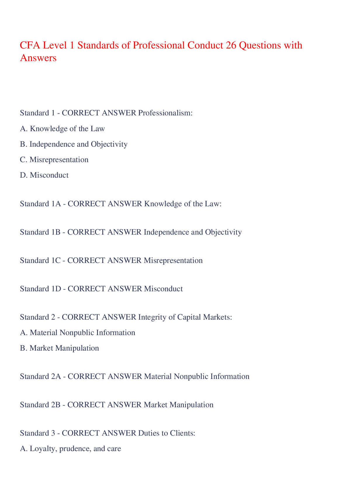 Preview image for CFA Level 1 Standards of Professional Conduct 26 Questions with Answers,100% CORRECT