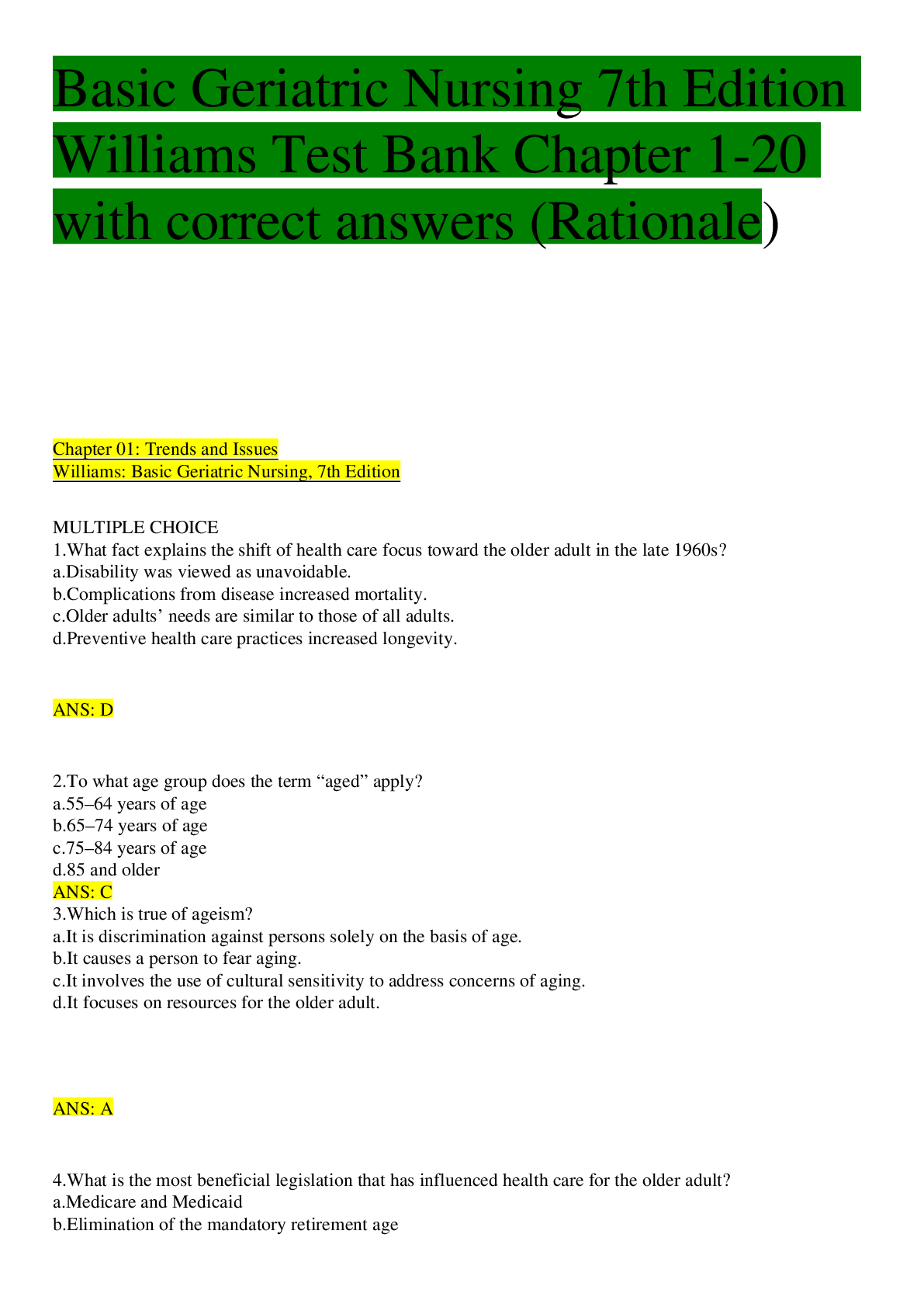 Preview image for Basic Geriatric Nursing 7th Edition Williams Test Bank Chapter 1-20 with correct answers (Rationale)