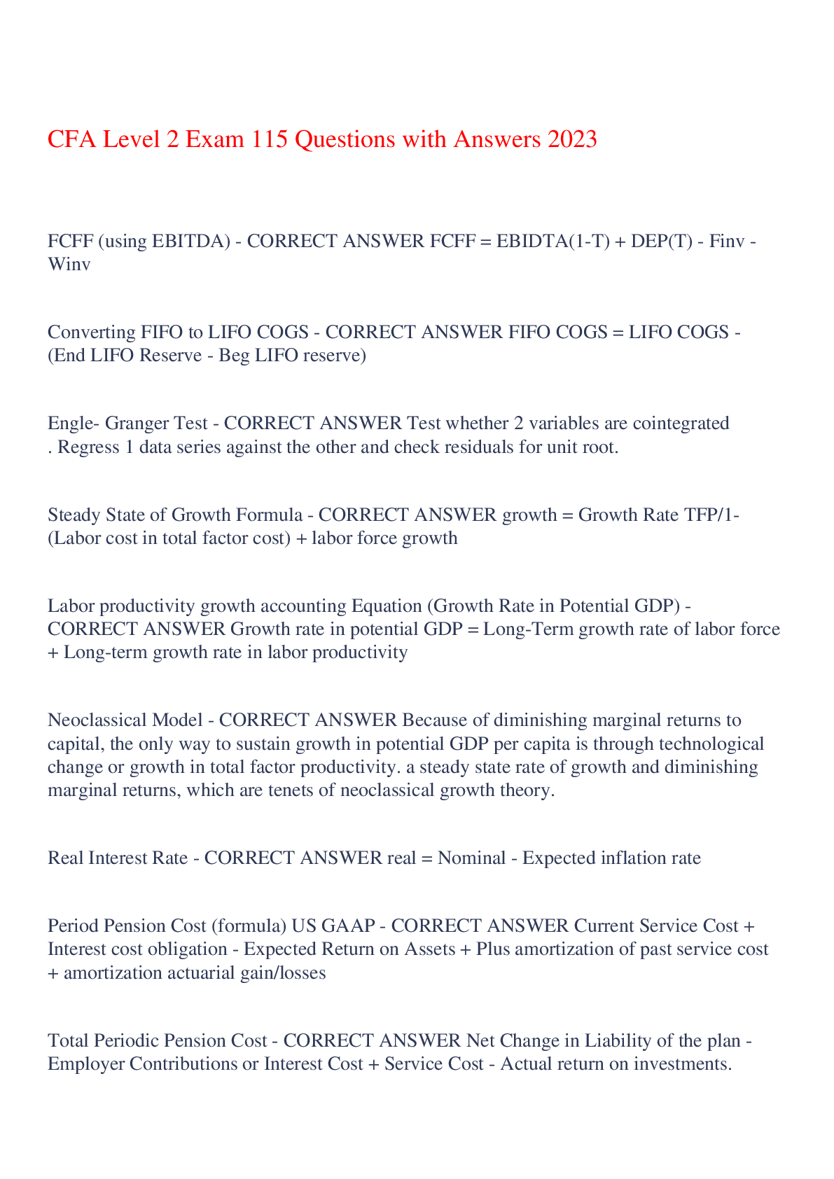 Preview of CFA Level 2 Exam 115 Questions with Answers 2023,100% CORRECT