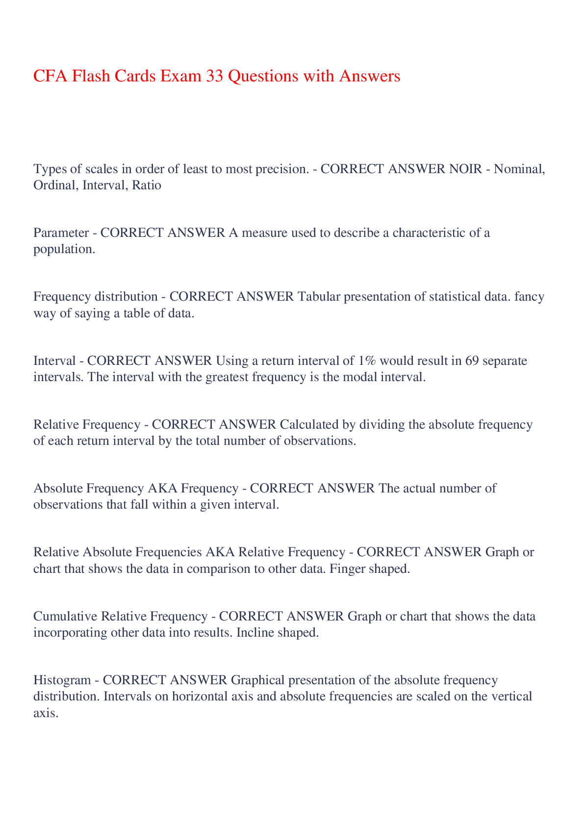 Preview of CFA Flash Cards Exam 33 Questions with Answers,100% CORRECT