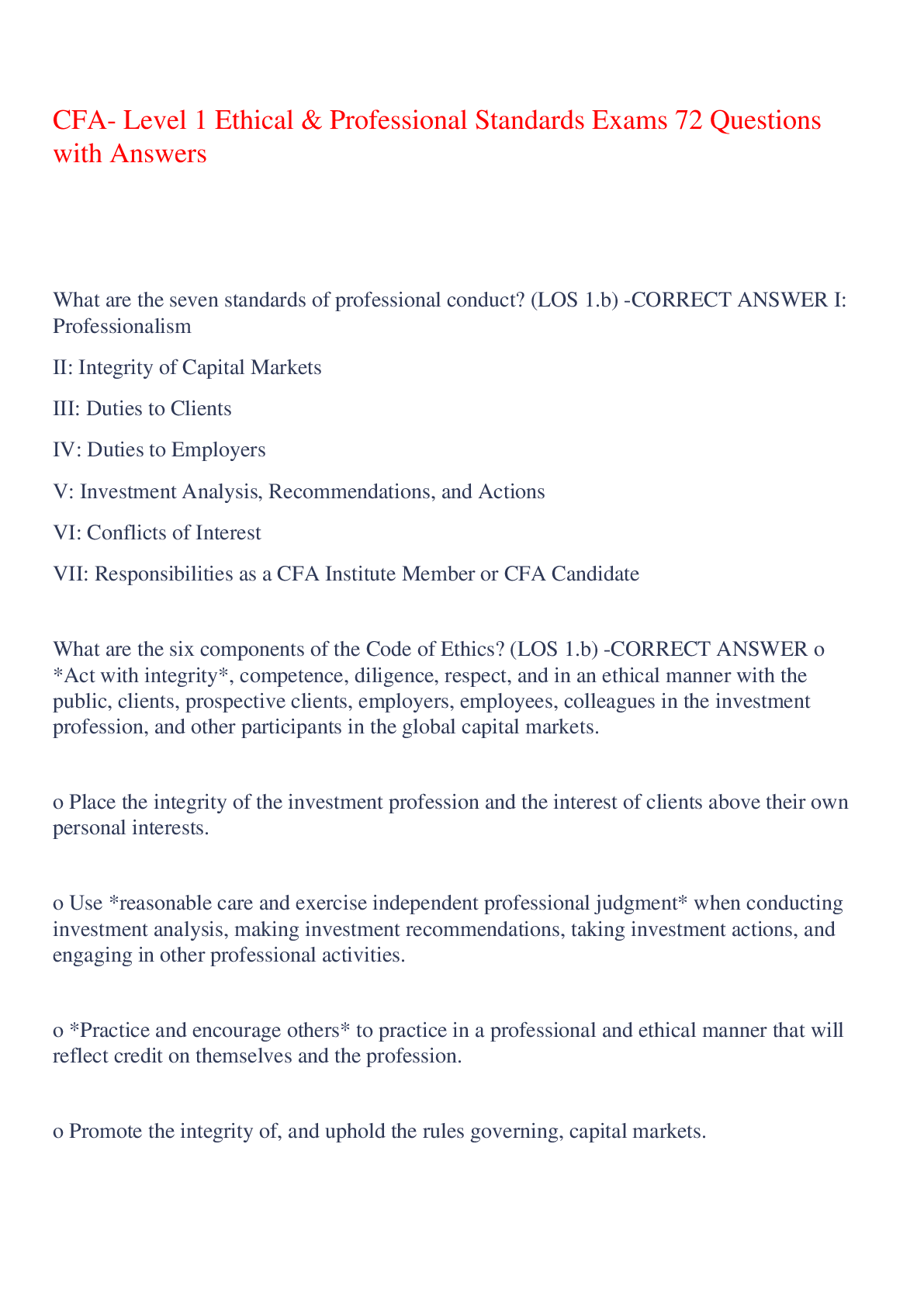 Preview image for CFA- Level 1 Ethical & Professional Standards Exams 72 Questions with Answers,100% CORRECT