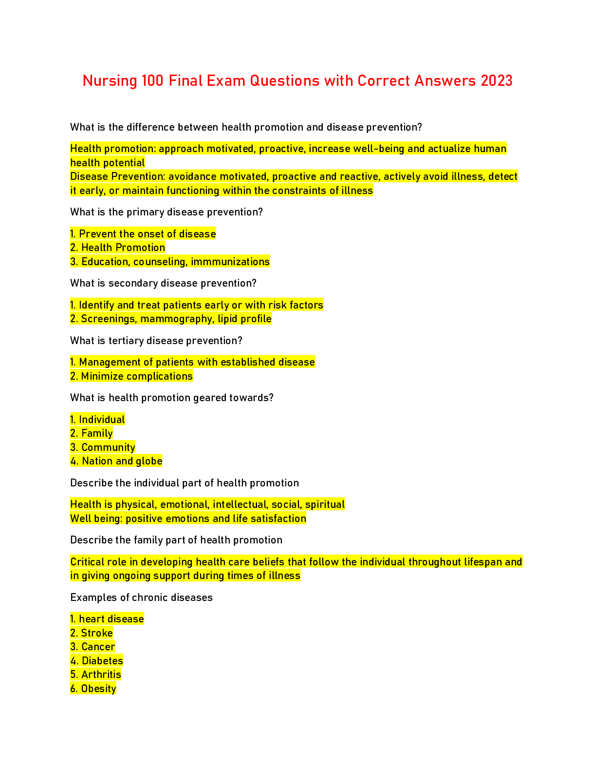 Preview image for Nursing 100 Final Exam Questions with Correct Answers 2023