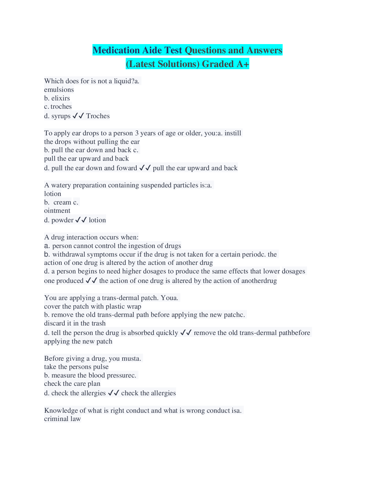 Preview image for Medication Aide Test Questions and Answers (Latest Solutions) Graded A+