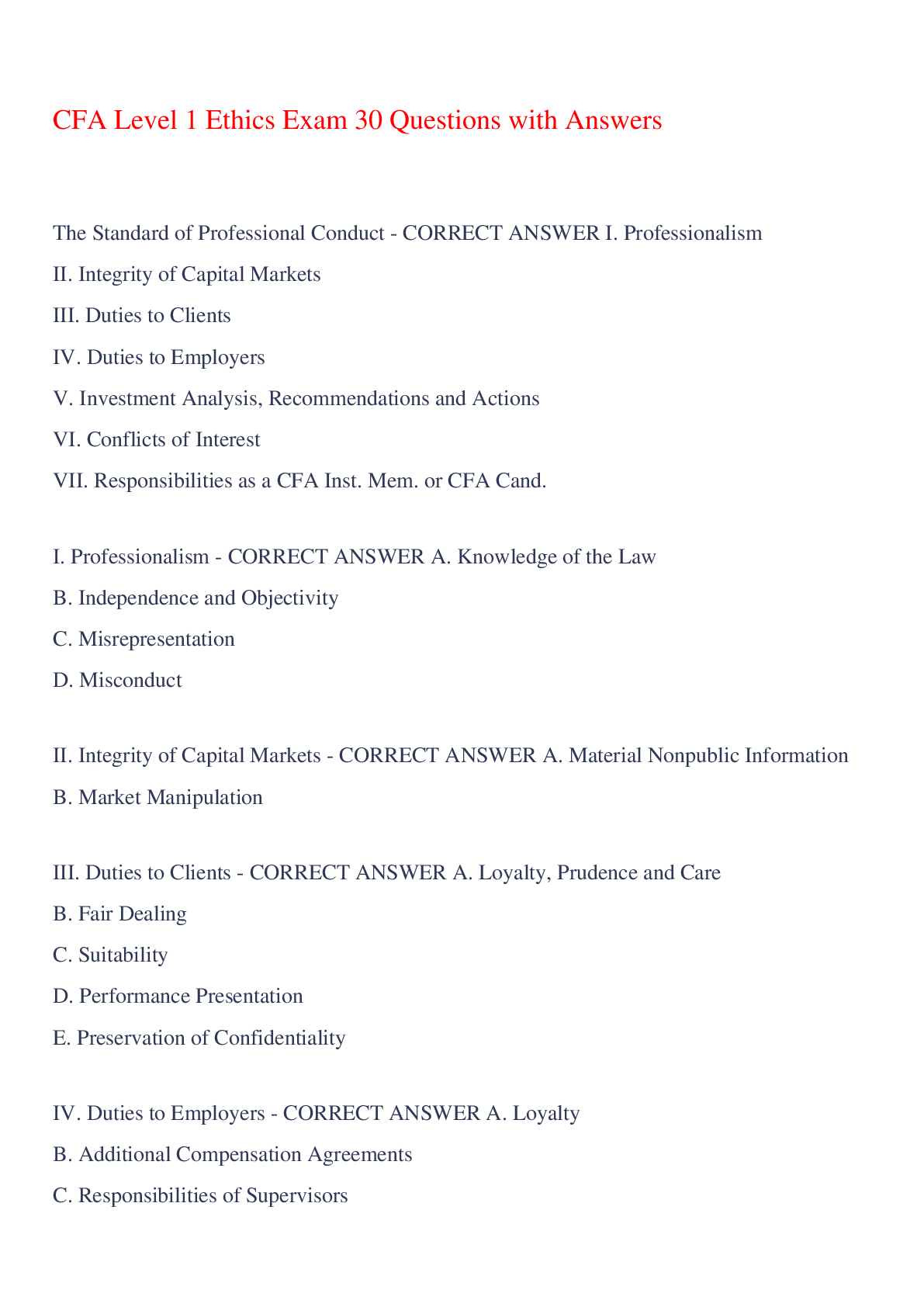 Preview image for CFA Level 1 Ethics Exam 30 Questions with Answers,100% CORRECT