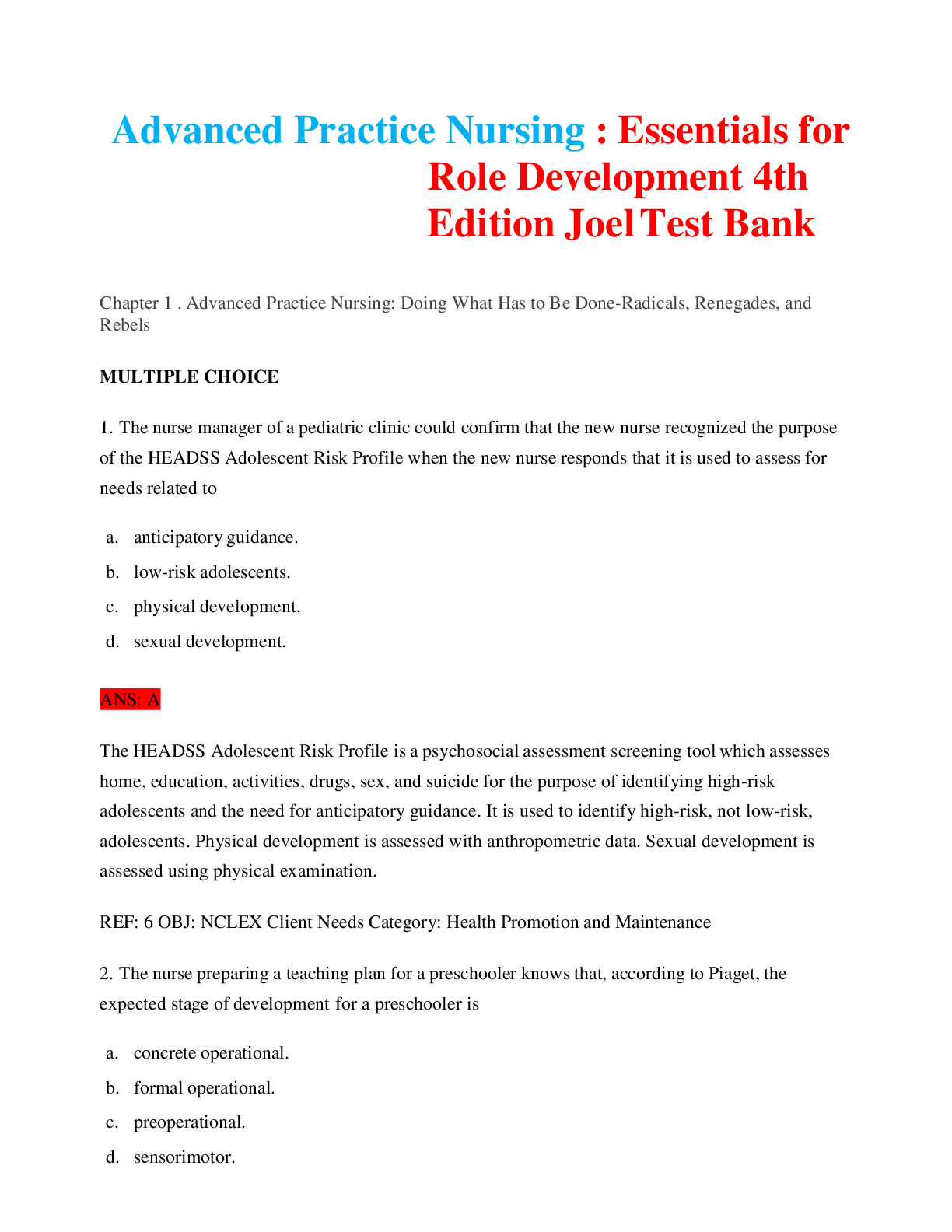 Preview image for Advanced Practice Nursing : Essentials for Role Development 4th Edition Joel Test Bank