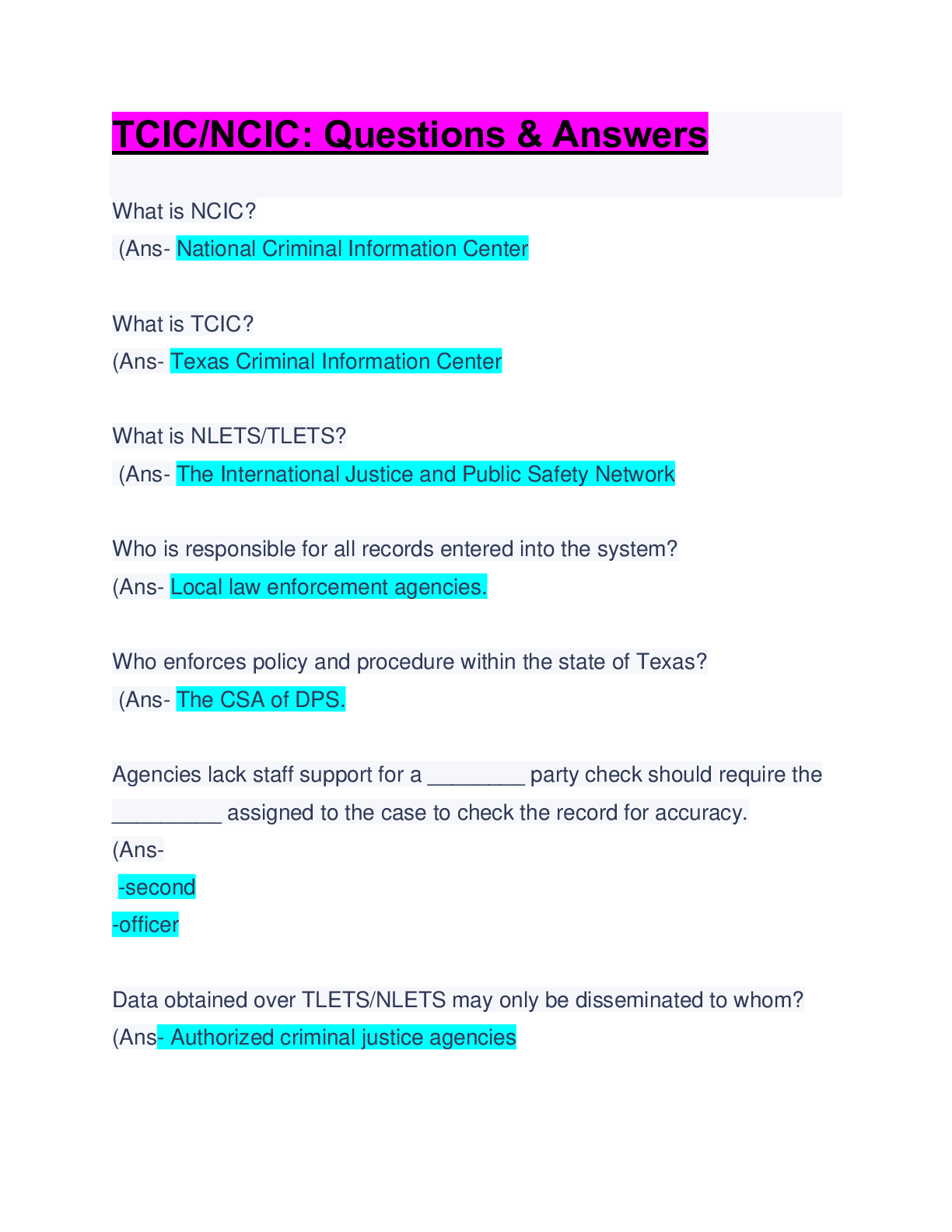 Preview image of TCIC/NCIC: Questions & Answers: Updated A+ Score Guide document