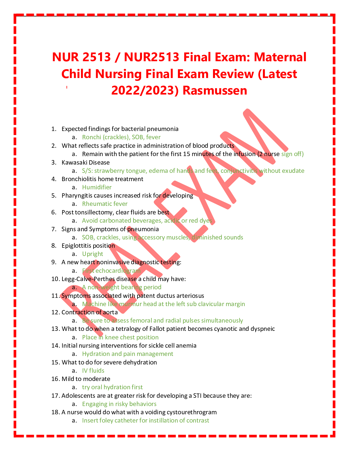 Preview image for NUR 2513 / NUR2513 Final Exam: Maternal Child Nursing Final Exam Review (Latest 2022/2023) Rasmussen