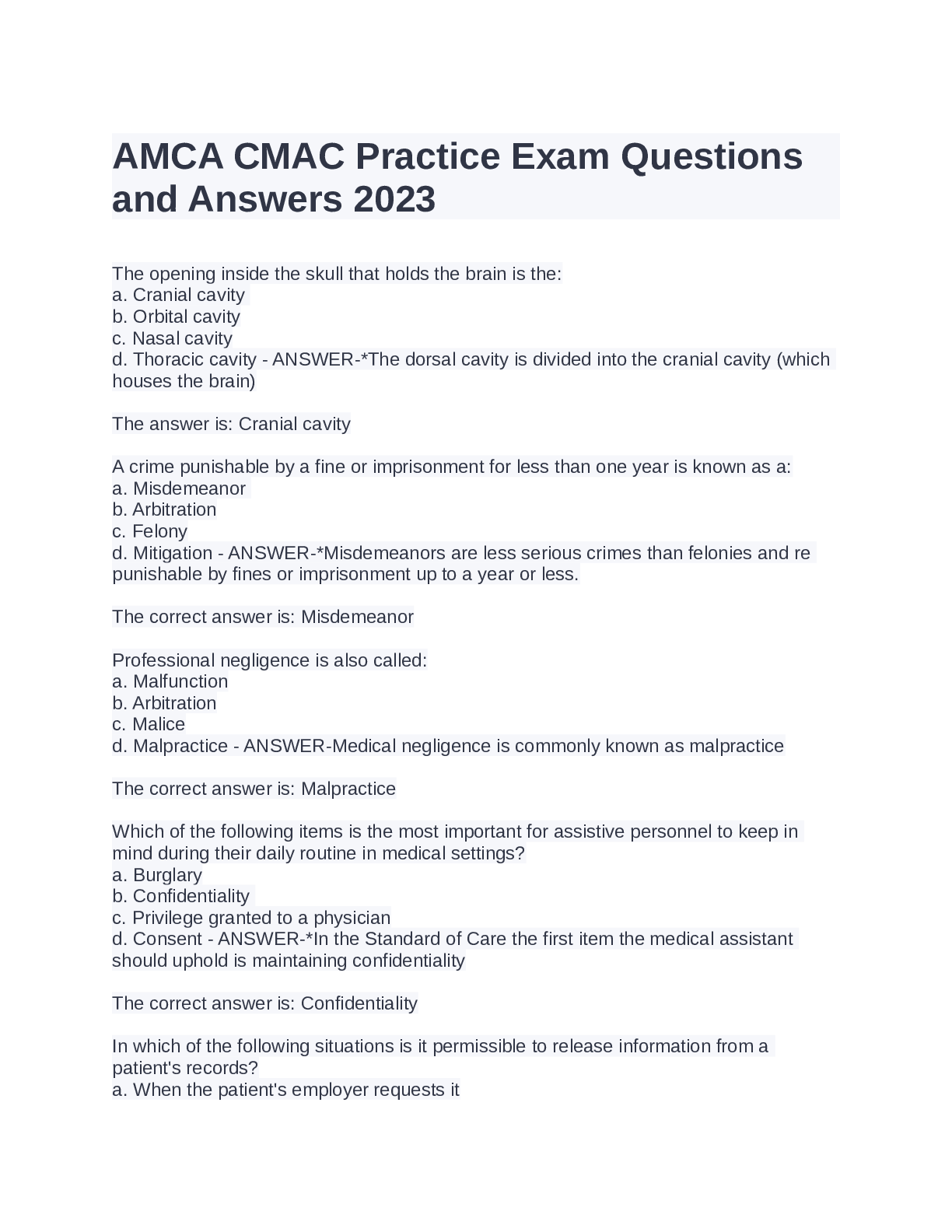 Preview of AMCA CMAC Practice Exam Questions  and Answers 2023