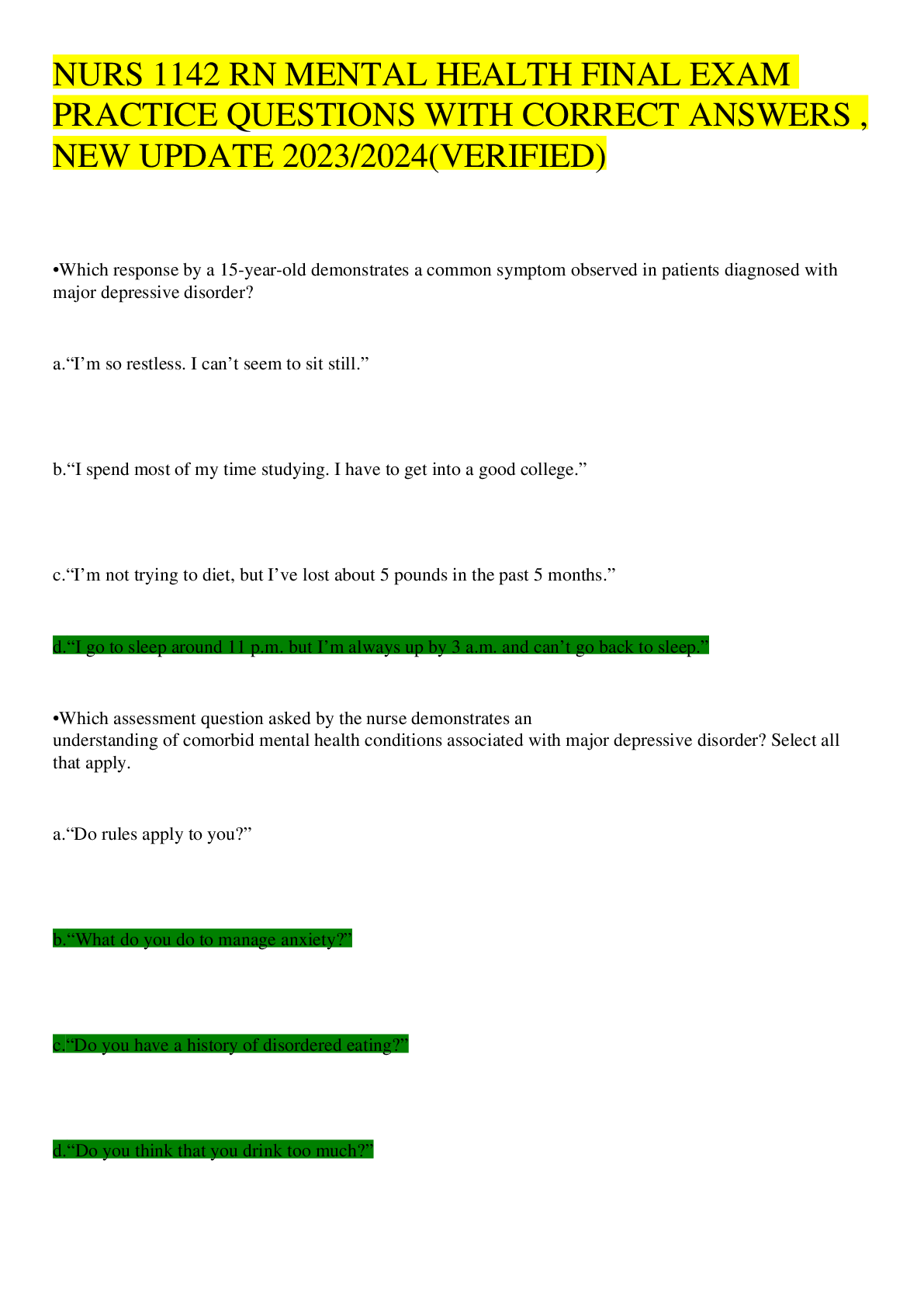 Preview image for NURS 1142 RN MENTAL HEALTH FINAL EXAM PRACTICE QUESTIONS WITH CORRECT ANSWERS ,NEW UPDATE 2023/2024(VERIFIED)