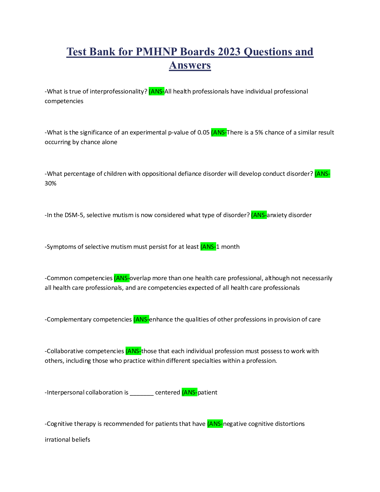 Preview image for Test Bank for PMHNP Boards 2023 Questions and Answers