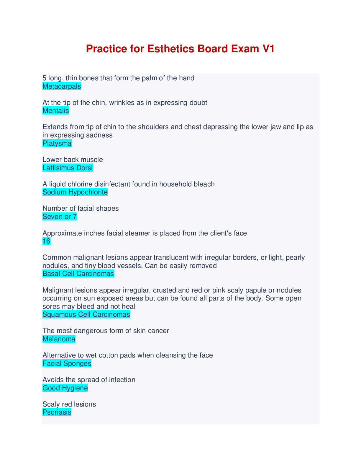 Preview image of Practice for Esthetics Board Exam V1 document