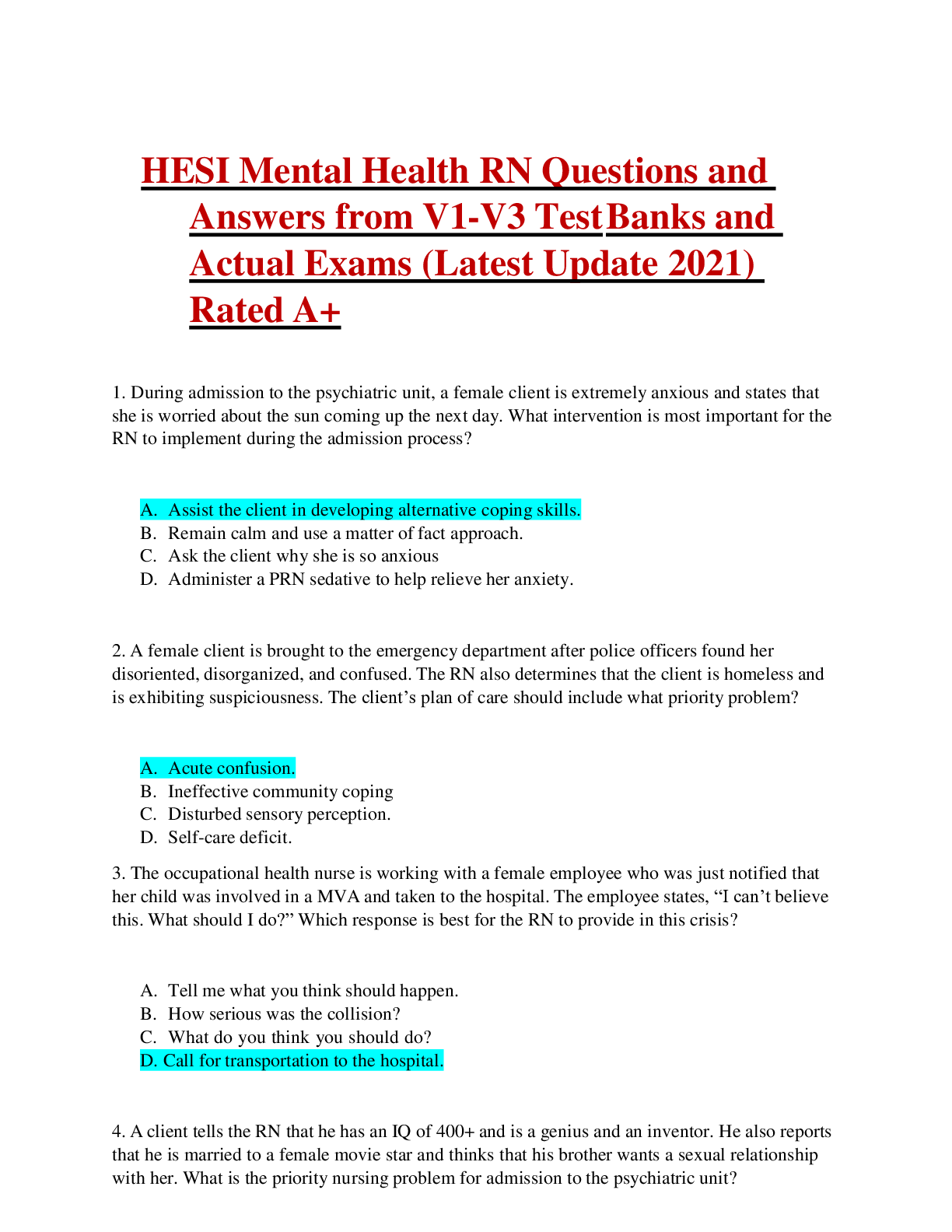 Preview image for HESI Mental Health RN Questions and Answers from V1-V3 Test Banks and Actual Exams (Latest Update 2021) Rated A+
