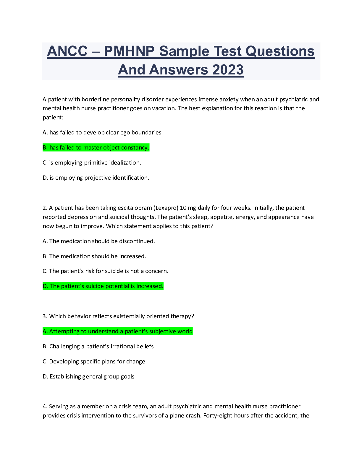 Preview image for ANCC – PMHNP Sample Test Questions And Answers 2023