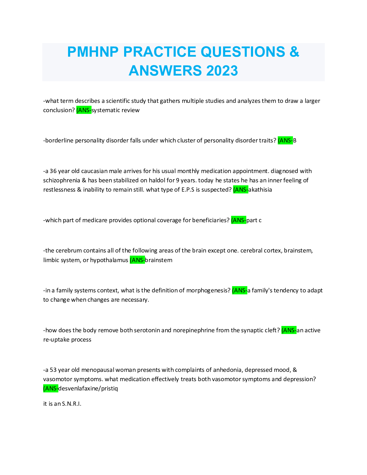 Preview image for PMHNP PRACTICE QUESTIONS & ANSWERS 2023