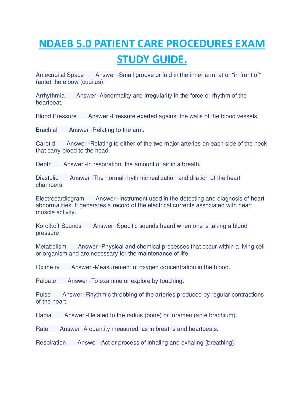 Preview of NDAEB 5.0 PATIENT CARE PROCEDURES EXAM  STUDY GUIDE.