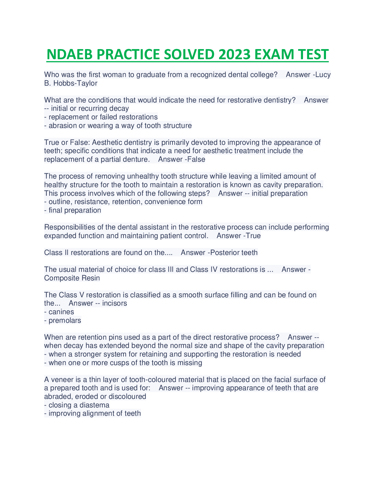 Preview of NDAEB PRACTICE SOLVED 2023 EXAM  QUESTIONS AND ANSWERS.