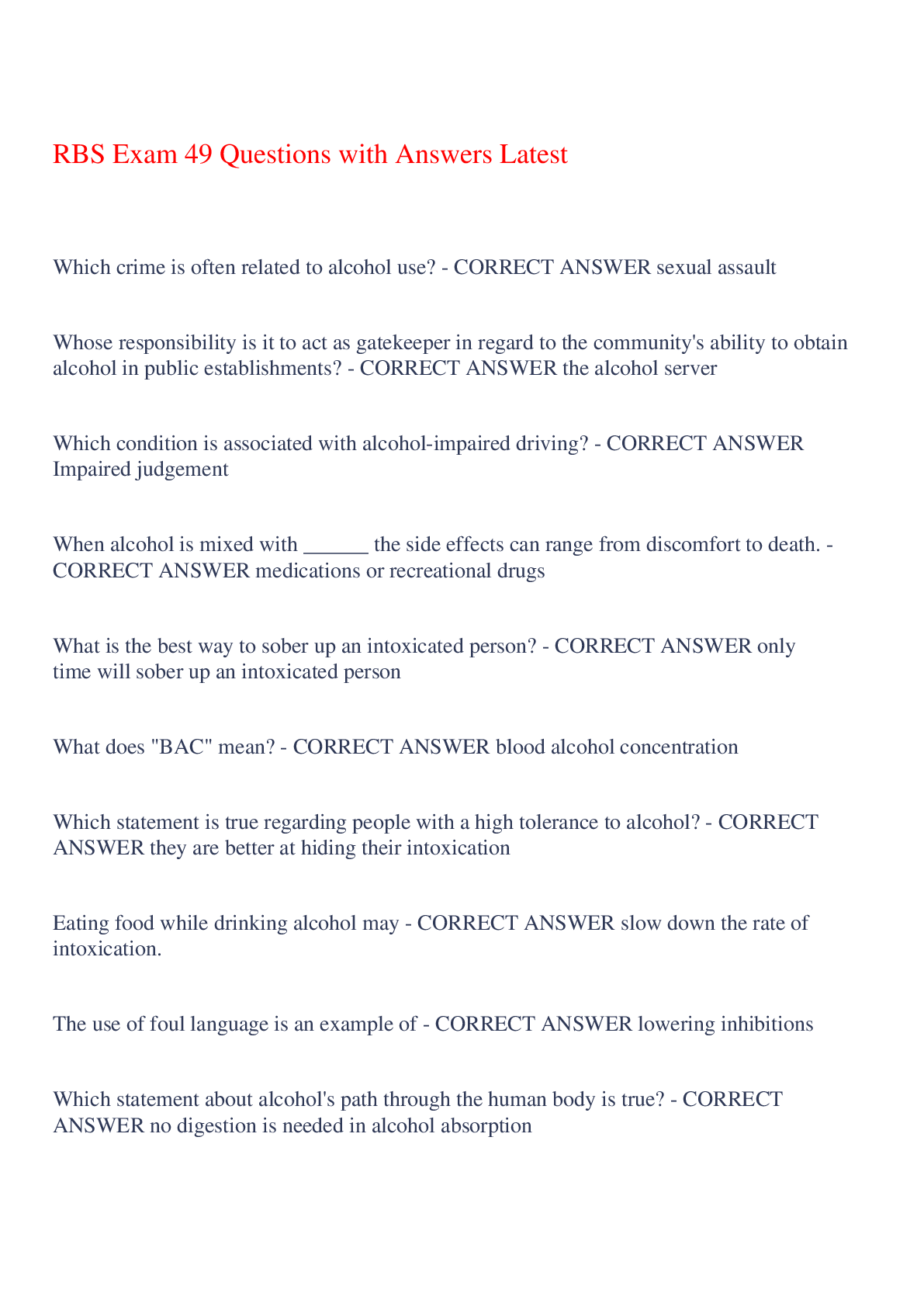 Preview of RBS Exam 49 Questions with Answers Latest,100% CORRECT