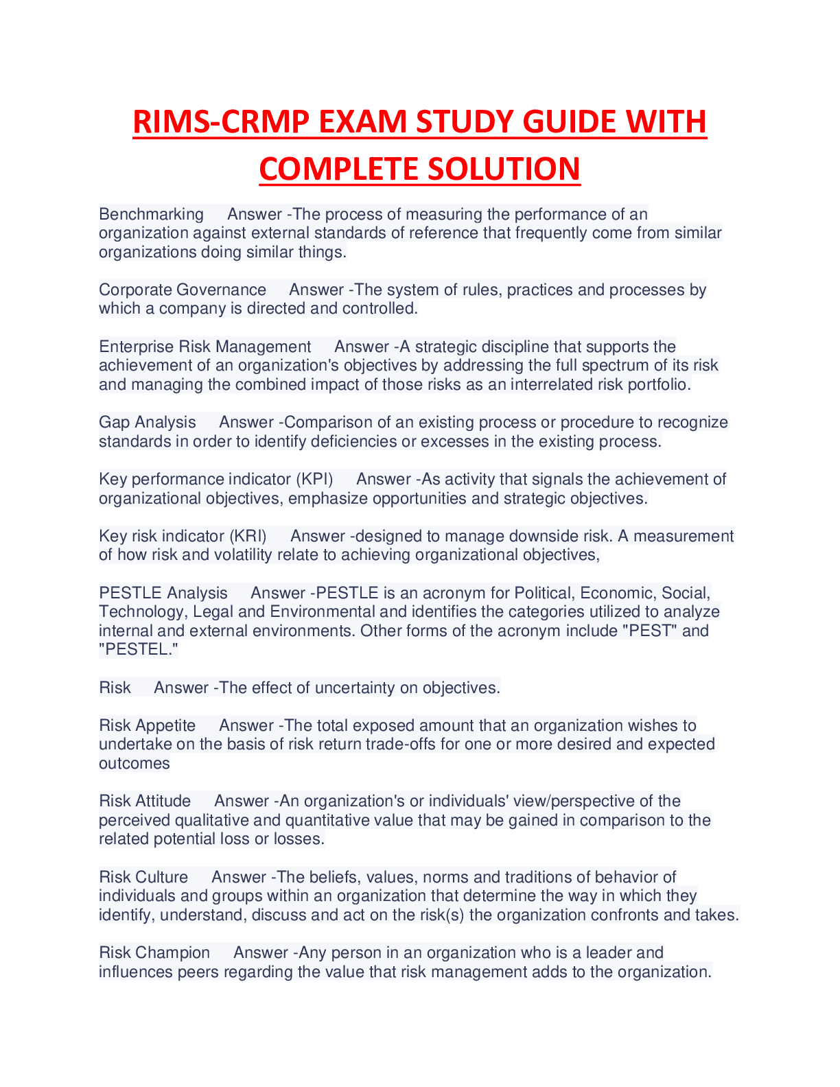 Preview image of RIMS-CRMP EXAM STUDY GUIDE WITH  COMPLETE SOLUTION document