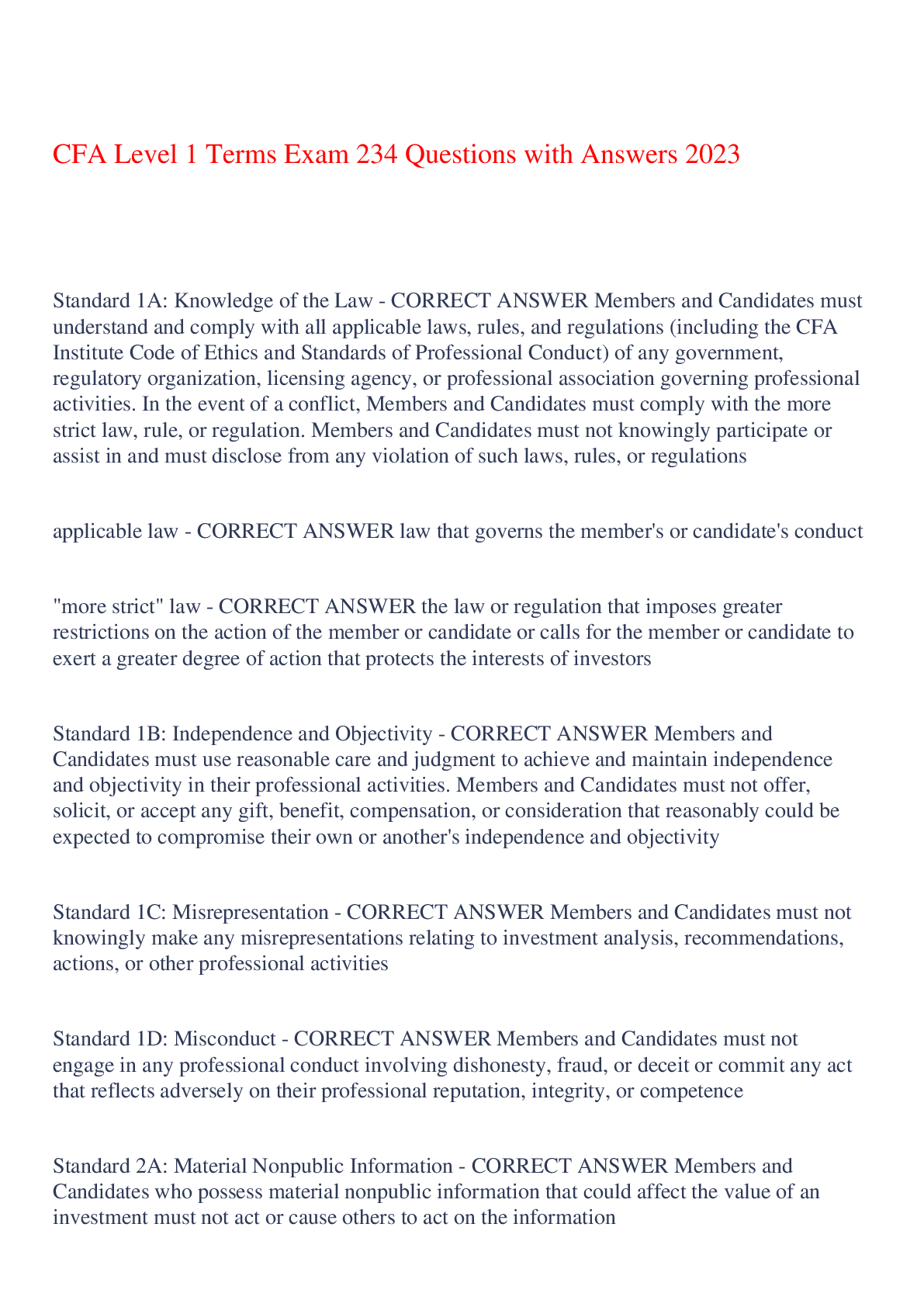 Preview image of CFA Level 1 Terms Exam 234 Questions with Answers 2023,100% CORRECT document