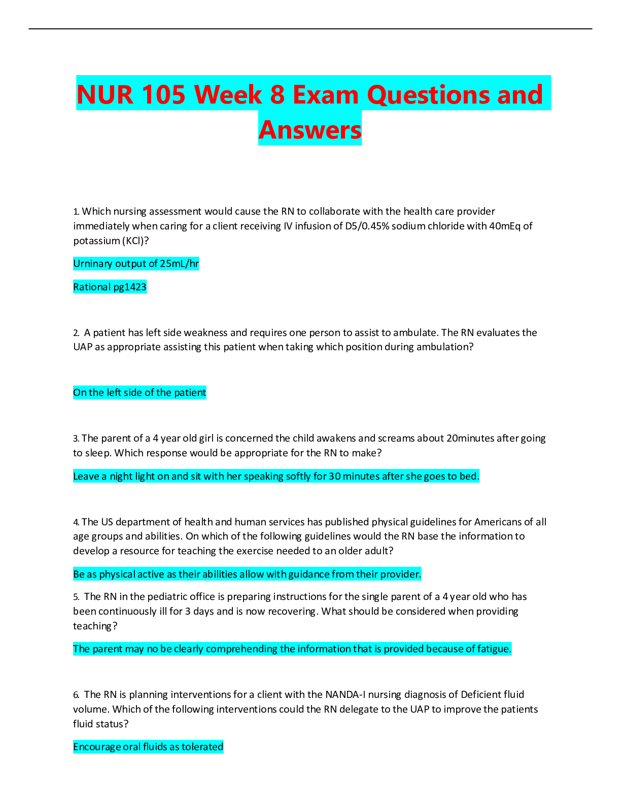 Preview image for NUR 105 Week 8 Exam Questions and Answers
