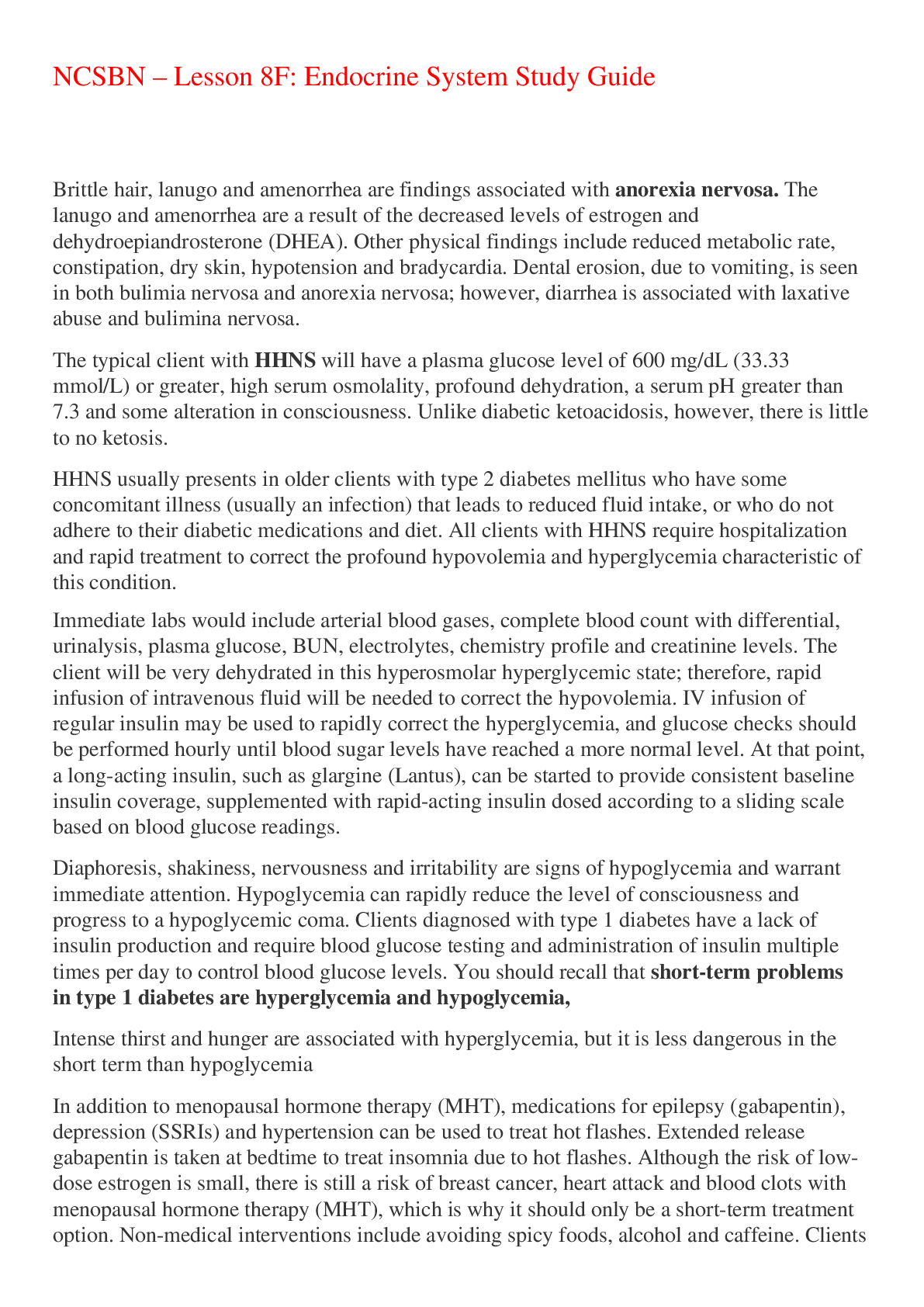 Preview image for NCSBN – Lesson 8F: Endocrine System Study Guide,100% CORRECT