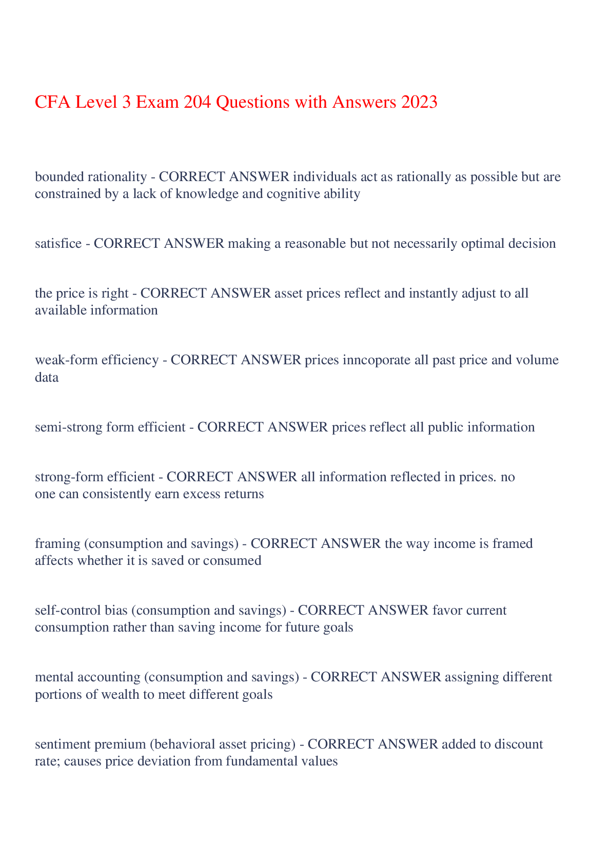 Preview of CFA Level 3 Exam 204 Questions with Answers 2023,100% CORRECT