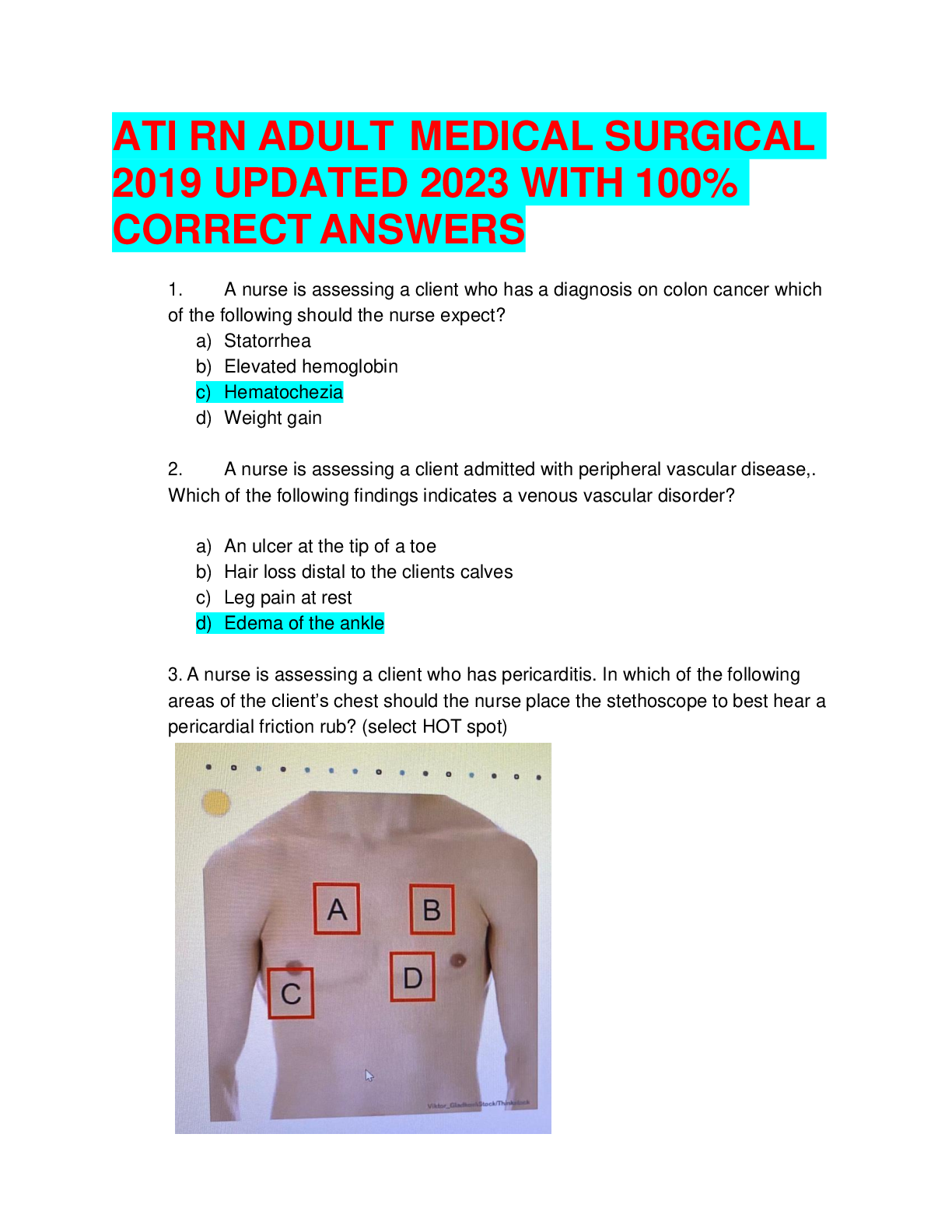 Preview image for ATI RN ADULT MEDICAL SURGICAL 2019 UPDATED 2023 WITH 100% CORRECT ANSWERS