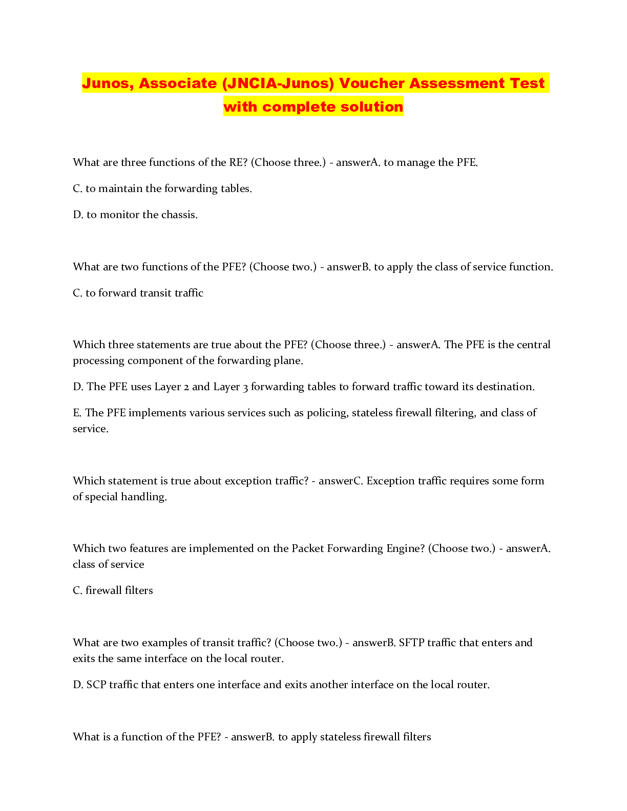 Preview image of Junos, Associate (JNCIA-Junos) Voucher Assessment Test with complete solution document