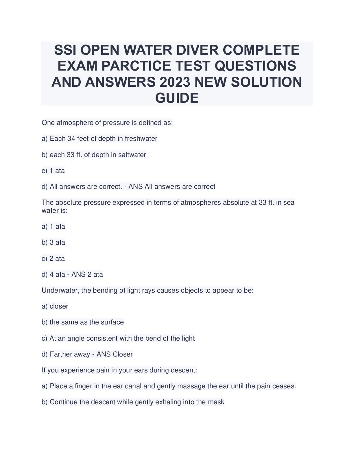 Preview image for SSI OPEN WATER DIVER COMPLETE EXAM PARCTICE TEST QUESTIONS AND ANSWERS 2023 NEW SOLUTION GUIDE