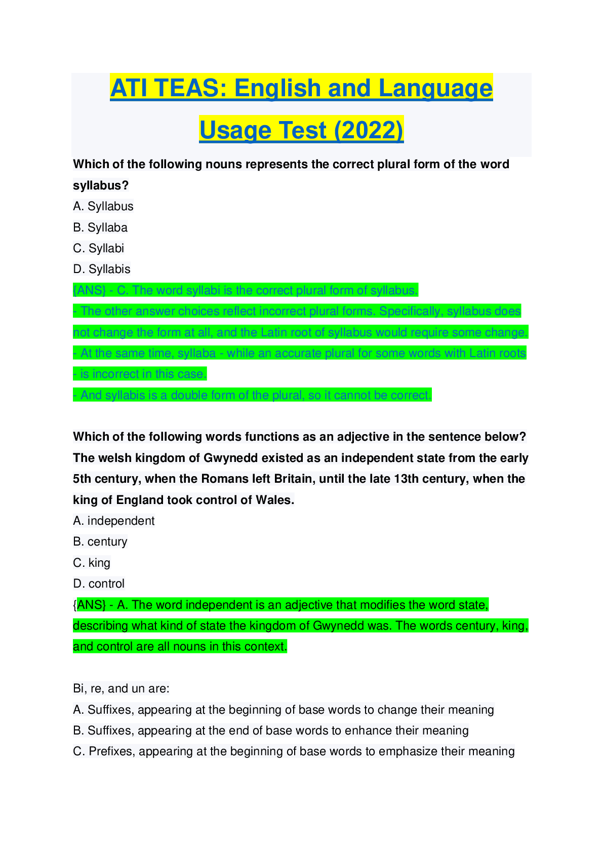 Preview image for ATI TEAS: English and Language Usage Test 2023