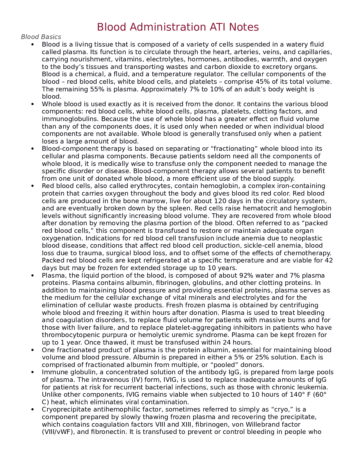 Preview image of ATI BLOOD ADMINISTRATION NOTES LATEST 2023 document