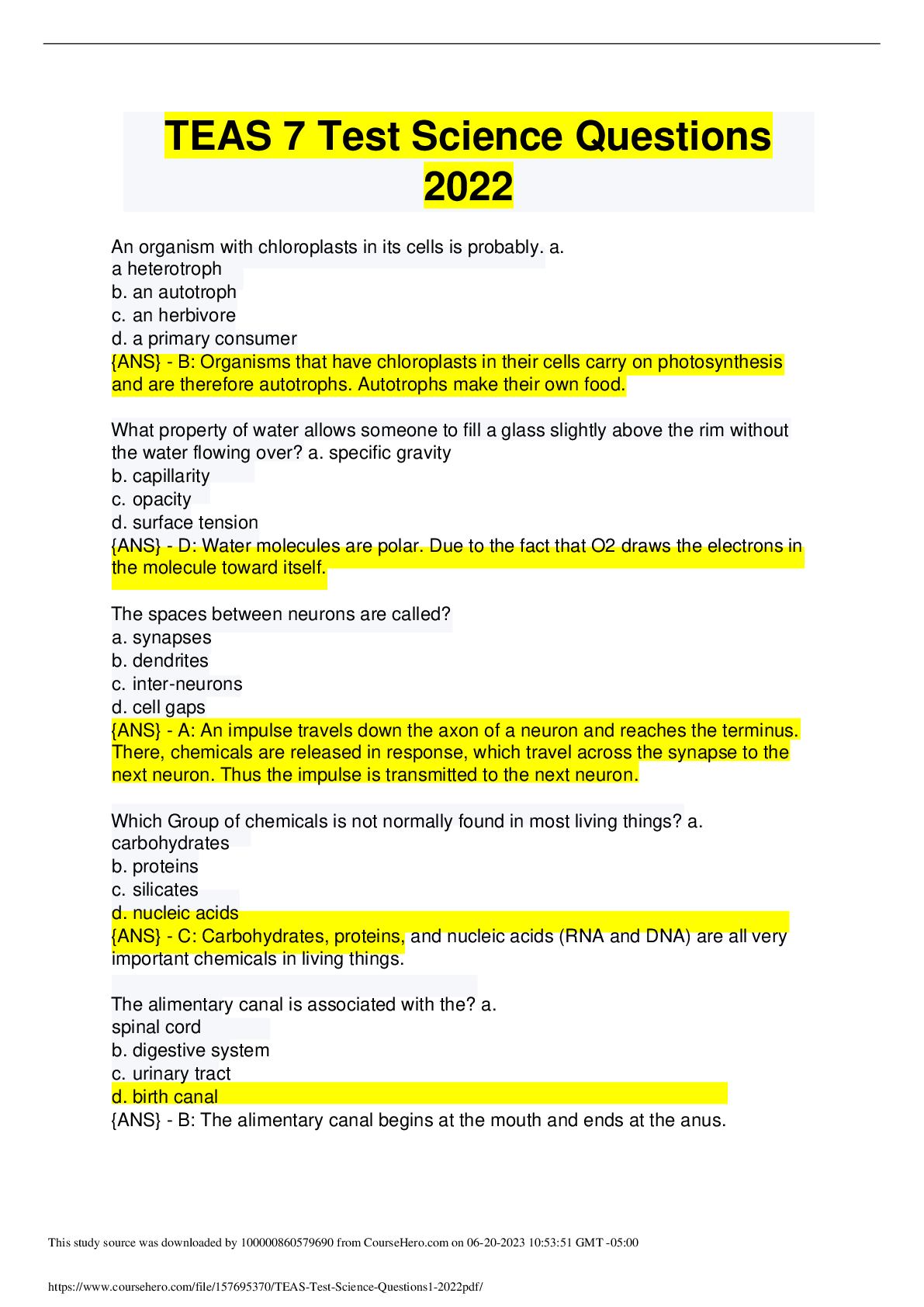 Preview image for ATI TEAS 7 Test Science Questions And Answers. Latest 2023