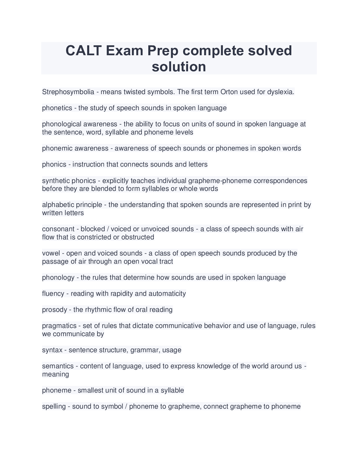 Preview image for CALT Exam Prep complete solved solution