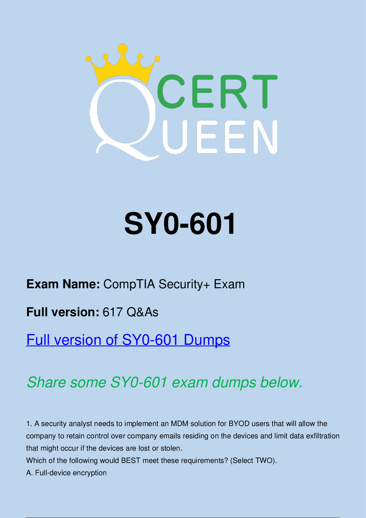 Preview image for SY0-601 CompTIA Security+ Exam with Questions And Answers