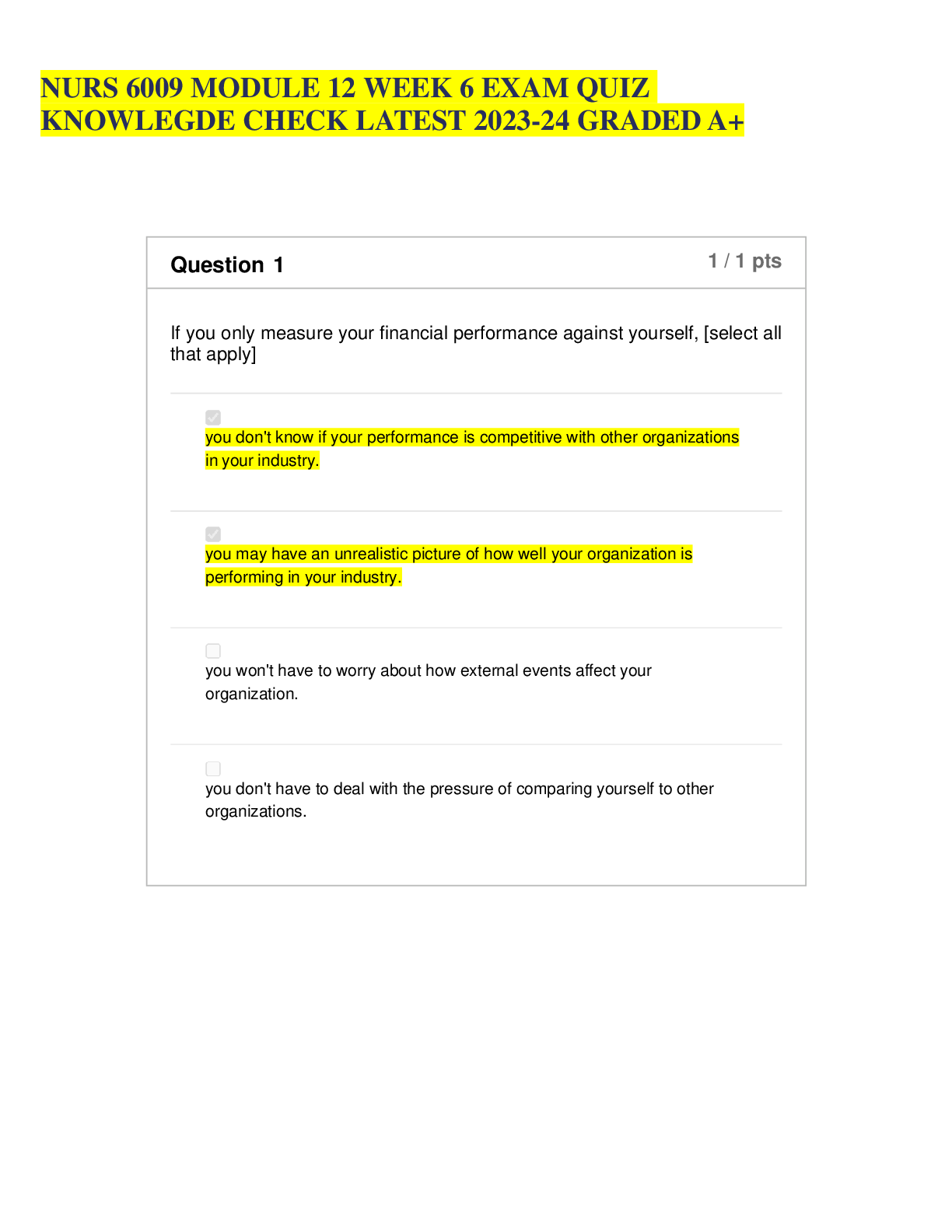 Preview image for NURS 6009 MODULE 12 WEEK 6 EXAM QUIZ KNOWLEGDE CHECK LATEST 2023-24 GRADED A+