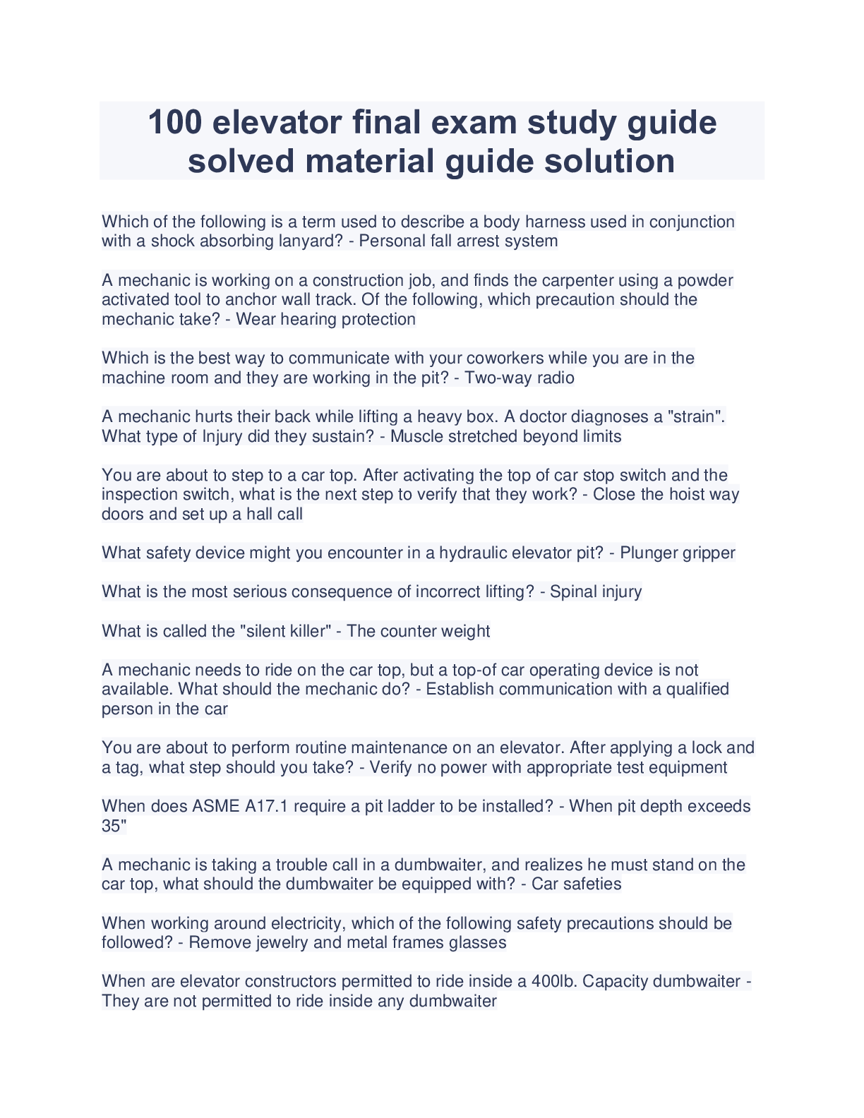 Preview image for 100 elevator final exam study guide solved material guide solution