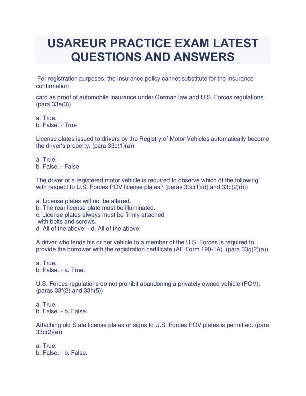 Preview image for USAREUR PRACTICE EXAM LATEST QUESTIONS AND ANSWERS